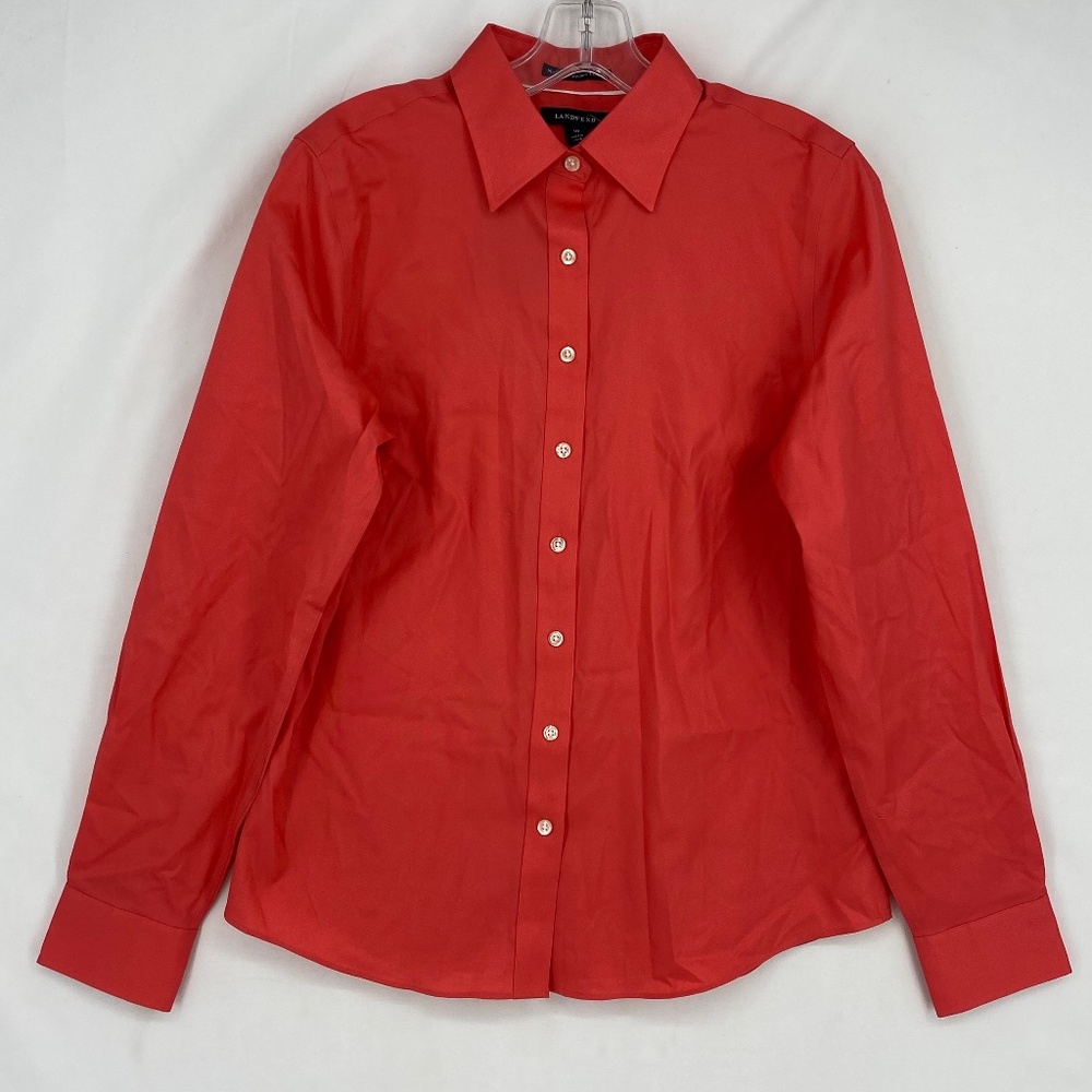 Lands' End Womens Size 10 Button Front Career Shirt Watermelon Pink Long Sleeves